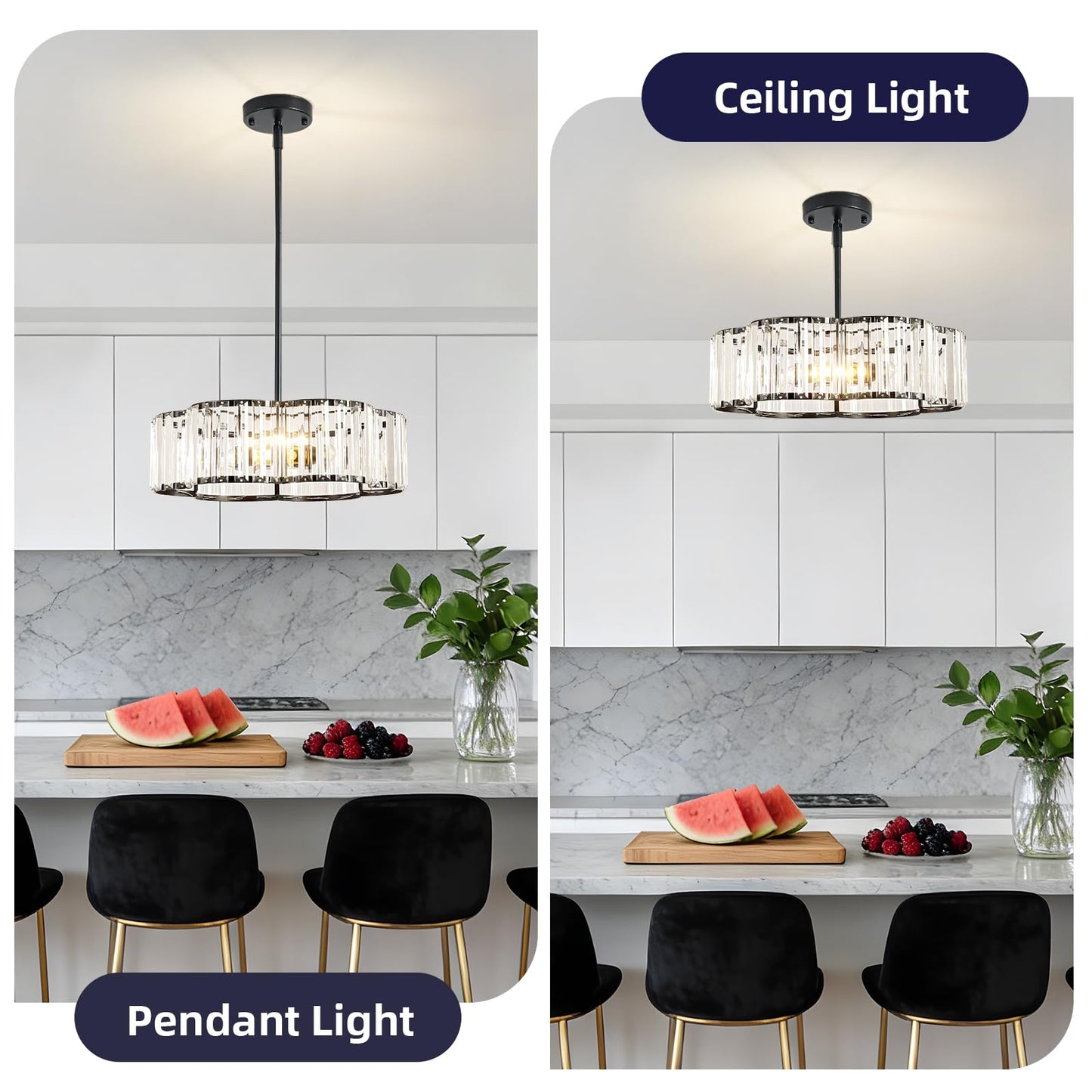 etiruety Modern Black Crystal Semi Flush Mount Ceiling Light Fixtures 16 in