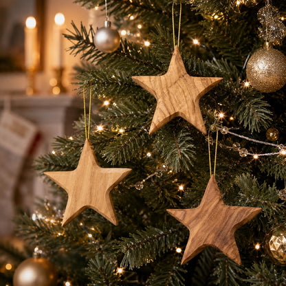 Zuluf Set of 3 Olive Wood Star Ornaments from Bethlehem 2.56 Inch, Handcrafted Star of Bethlehem Christmas Tree Decorations, Rustic Holy Land Christian Wooden Ornaments, with Certificates