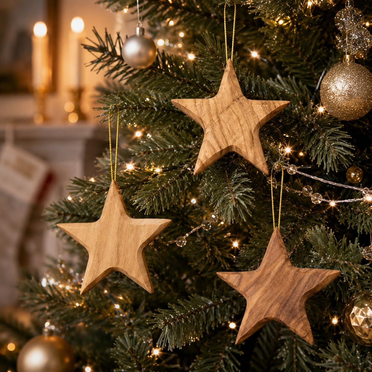 Zuluf Set of 3 Olive Wood Star Ornaments from Bethlehem 2.56 Inch, Handcrafted Star of Bethlehem Christmas Tree Decorations, Rustic Holy Land Christian Wooden Ornaments, with Certificates