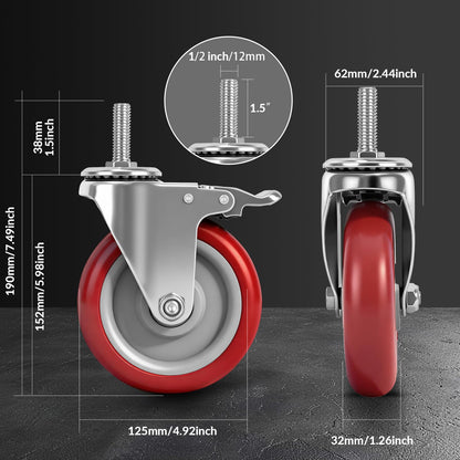 Caster Wheels, 5 Inch Locking Swivel Caster, 1/2"-13 x 1 (Screw Diameter 1/2", Screw Length 1.5") Threaded Stem Casters Set of 4 Heavy Duty,Industrial Castors Wheels for Cart,Furniture and Workbench