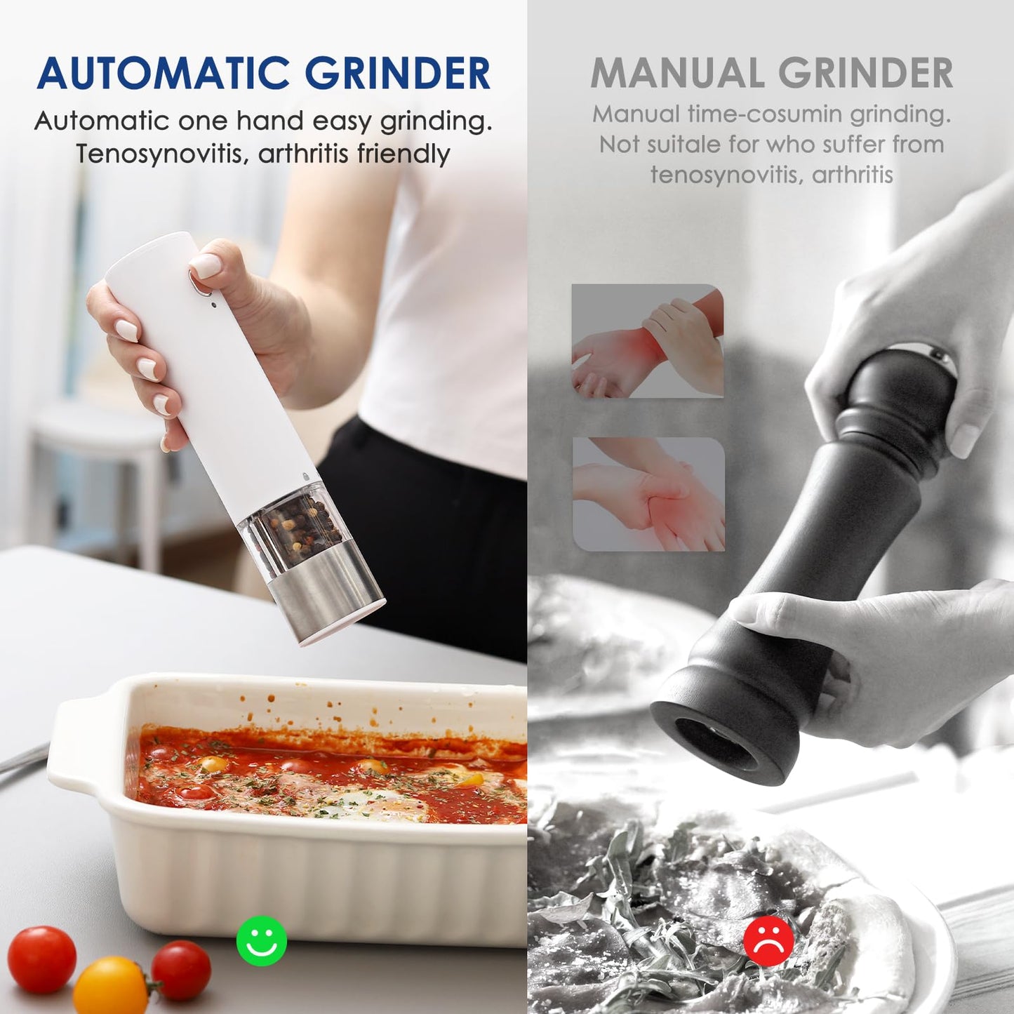 Vzaahu Electric Salt & Pepper Grinder Set Black & White Gorgeous Peppermill, Charging Indicator Light, Type-C Rechargeable, Long-lasting Battery-free, One-hand Operation, Home Cooking, Kitchen