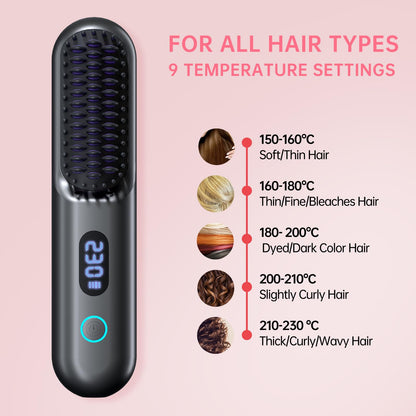 Cordless Hair Straightener Brush-Portable Straightening Comb, 9600mAh Batt, Plasma Tech, 9 Temp-Settings & LED Display, for Travel & Home(Pink)
