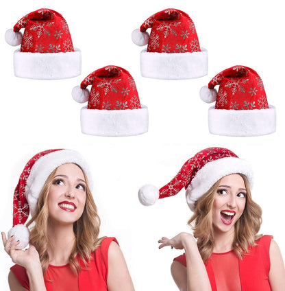 LessMo 4 Pcak Christmas Santa Hat, Santa Hat Adults Christmas Hats, Reusable Double Liner Plush with Snowflake Pattern, for Children Kids Christmas New Year Festive Holiday Party Supplies