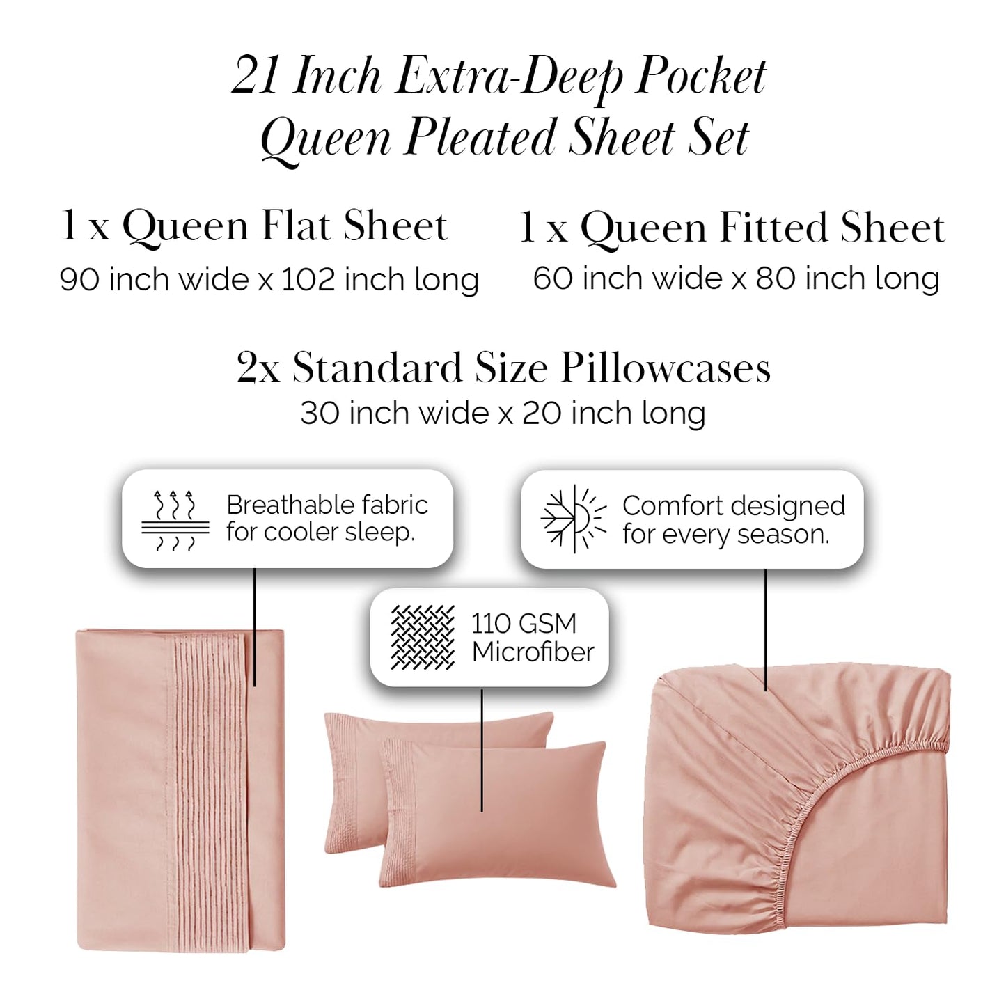 Southshore Fine Living, Inc. Luxury Hotel Quality Queen Sheet Set, 4 Piece Pleated Hem 21 Inch Deep Pocket Queen Sheets, Easy Care Microfiber, Fade & Wrinkle Resistant, 2 Pillow Cases – Blush Sheets