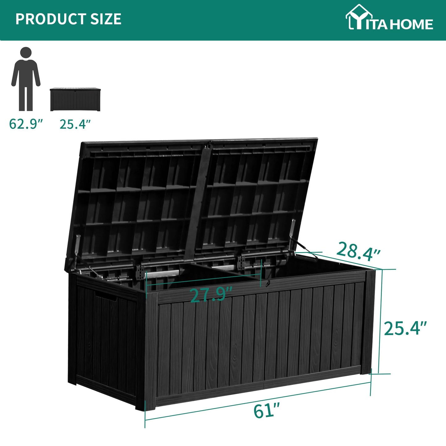 YITAHOME 180 Gallon Large Deck Box w/Divider, XL Waterproof Outdoor Storage for Patio Furniture,Outdoor Cushions, Garden Tools, Sports Equipment and Pool Supplies, Resin, Lockable, Black