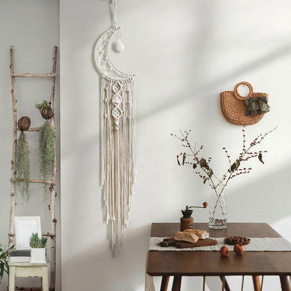 Dremisland Macrame Woven Wall Hanging Moon Dream Catcher with Natural Crystal Stone- Boho Chic Bohemian Home Decor Wall Art Decor with String Lights - Beautiful Apartment Dorm Room Door Decoration