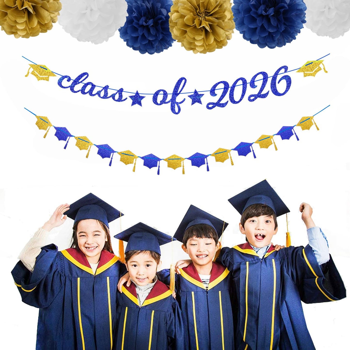 Navy-Blue White-Gold Party-Decorations Graduation Banner - 8pcs Kits Class of 2026 Cap Garland Streamers, Paper Tissue Pom Poms Flowers, Congratulations Grad Decor Lasting Surprise
