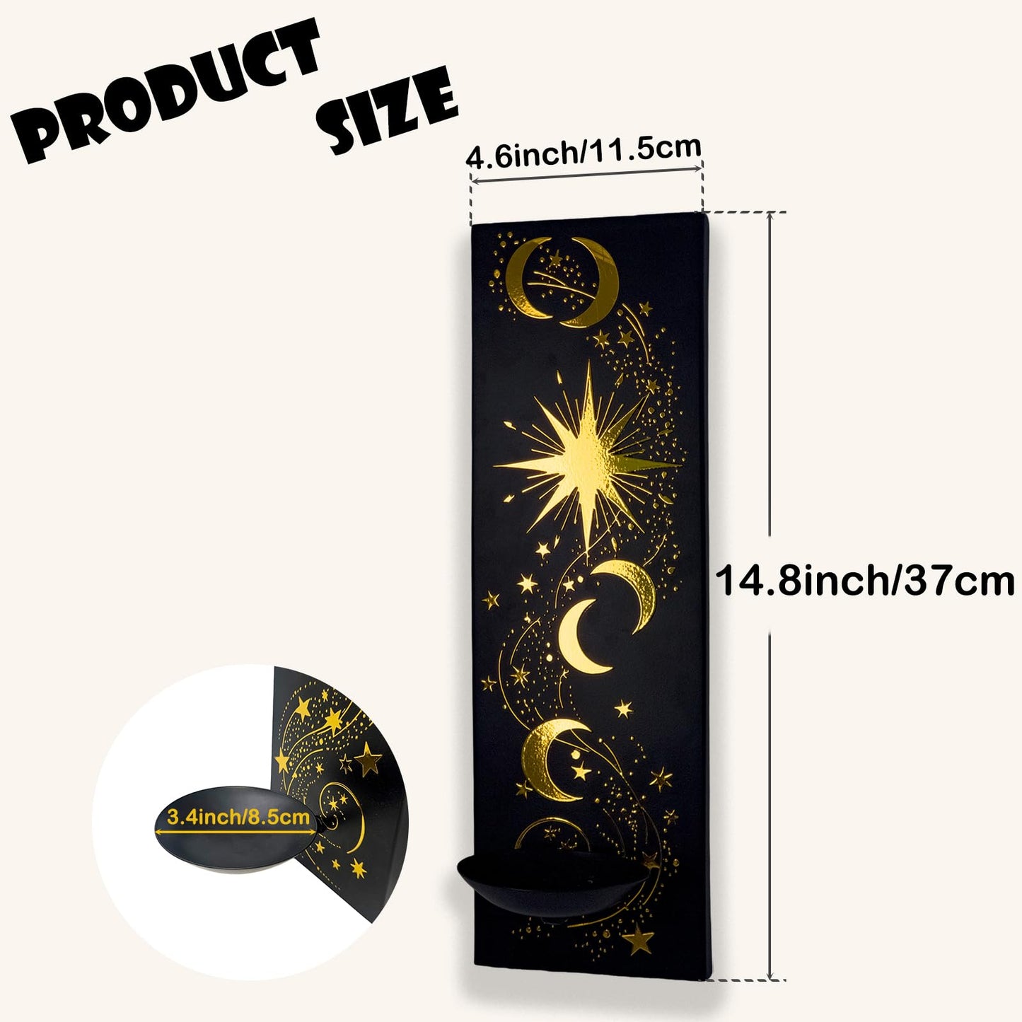 ZOOYOO Moon and Star Wall Candle Sconces Set of 2, Black Iron Wall Sconce with Gold Foil,Celestial Farmhouse Wall Decor for Bedroom Living Room,Wall Candle Holder for Yoga Meditation,Astronomy Gift