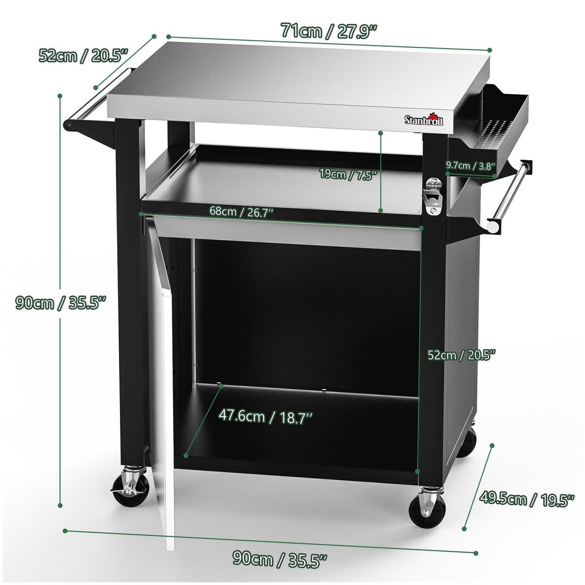Stanbroil Rolling Grill Table Cart with Storage Cabinet, 3-Shelf Movable Prep Table Outdoor Bar, Multifunctional Grill Cart with Stainless Steel Tabletop, Paper Towel Holder