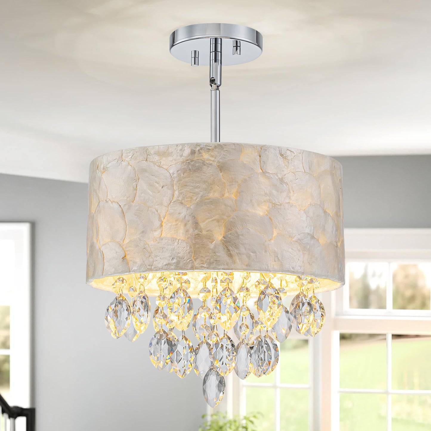 Pine Flicker 3-Light Drum Capiz Shell K9 Crystal Chandelier, Coastal Style Pendant Light Fixture for Dining Room, Living Room, D12 * H19~49 inch (Adjustable), Clear Crystal & Chrome Finish Frame