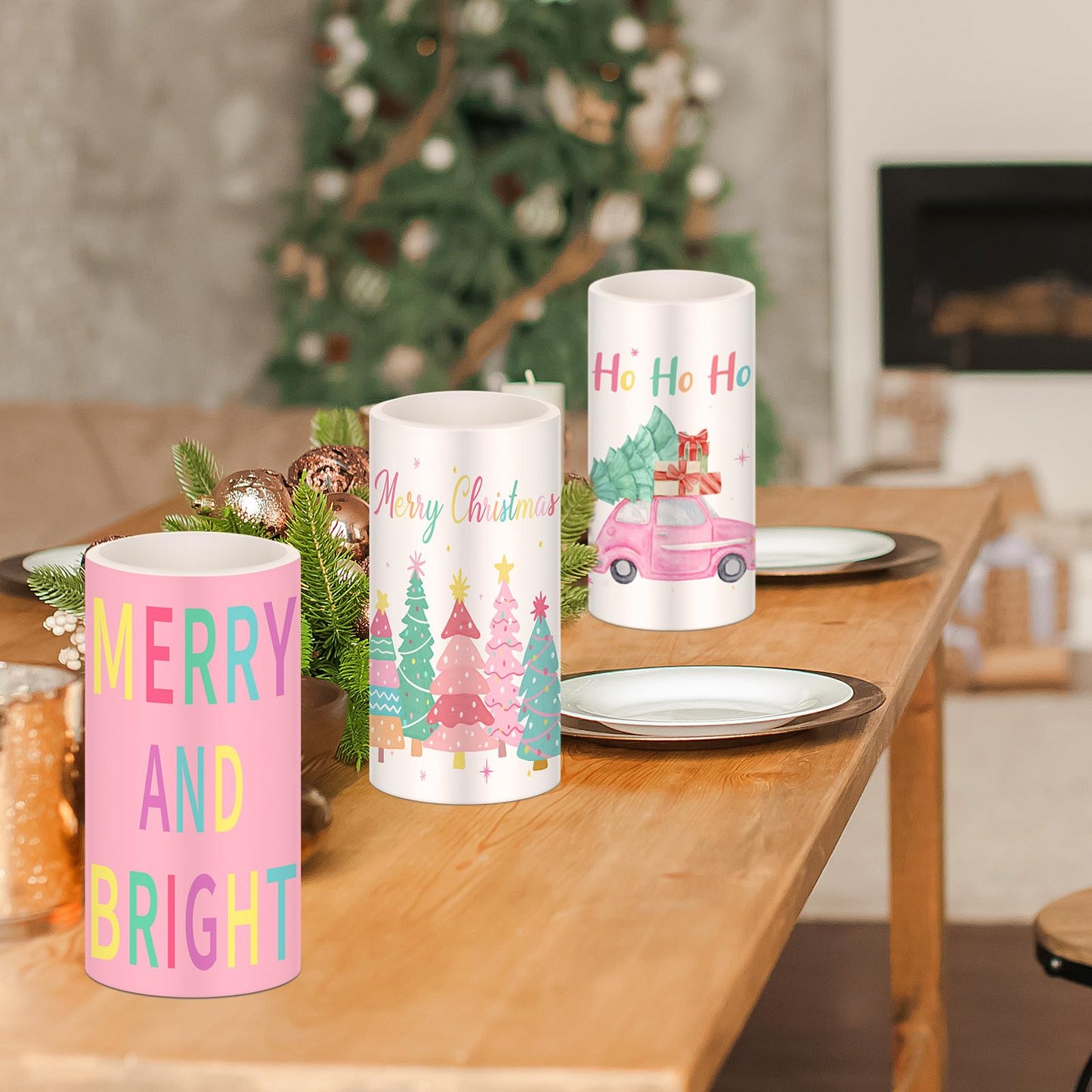 Retisee 3 Pcs Pastel Christmas Flameless Candles Pink Christmas Battery Operated LED Candles with Remote Pastel Candy Xmas Decorations Centerpiece for Holiday Bedroom Living Room Xmas Home Decor