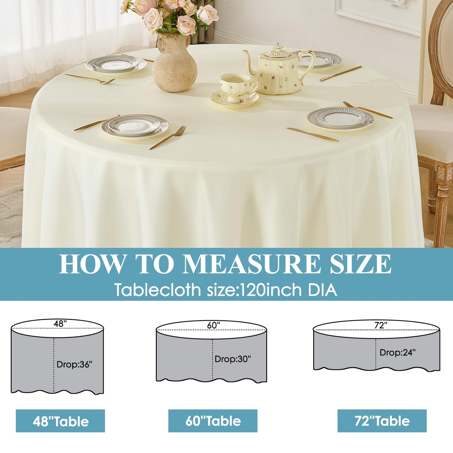 VidaFete Tablecloth 10 Pack 120inch Round Table Cloth Polyester, Stain Wrinkle Resistant Polyester Dining Table Cover for Kitchen Dinning Party Wedding Round Tabletop Buffet Decoration(Ivory)