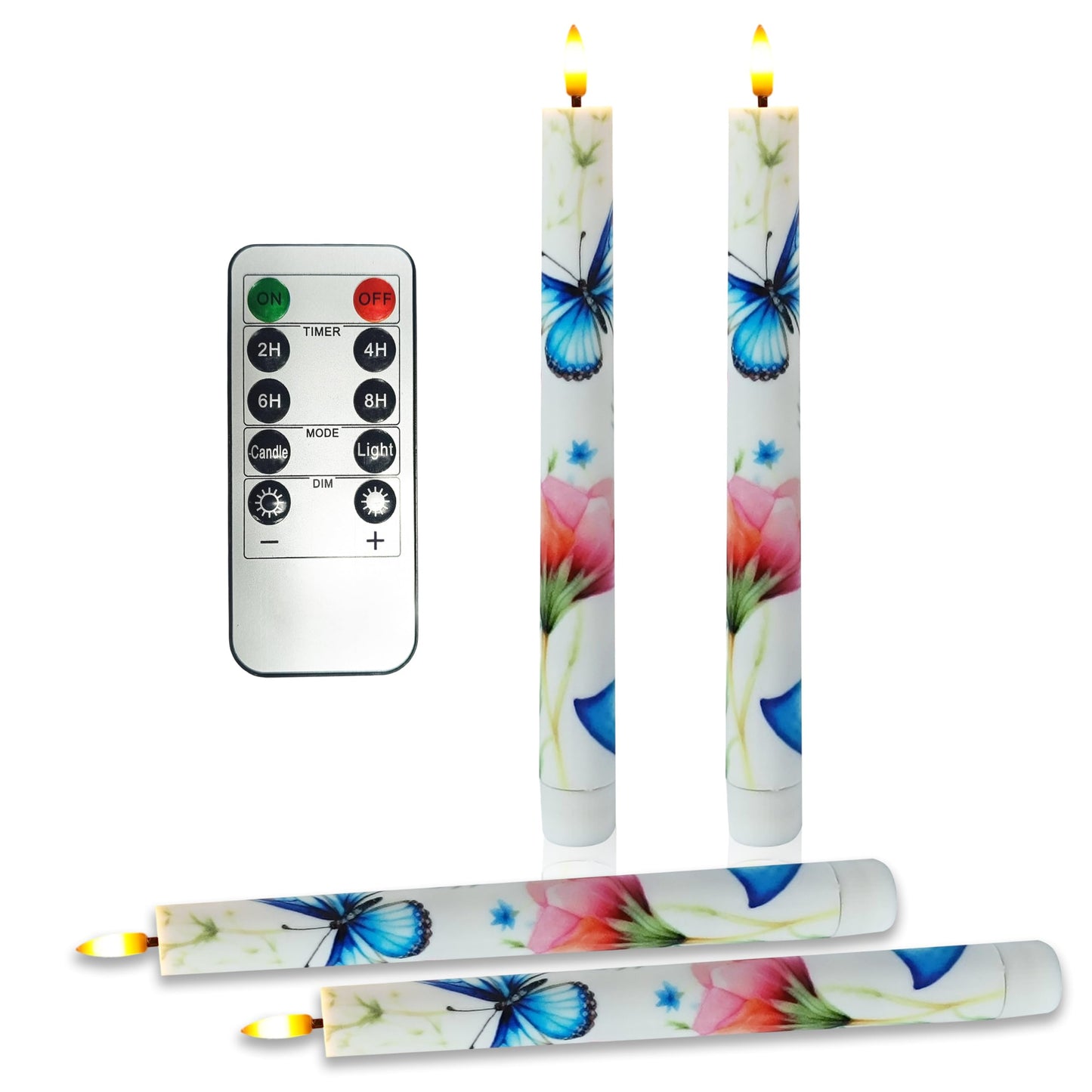 SEUCRWAX 10 Inch Flameless Taper Candles,LED Candlesticks Battery Operated with 10-Key Remote and Timer,4p Flame Lights for Wedding Decoration Party(Butterfly)