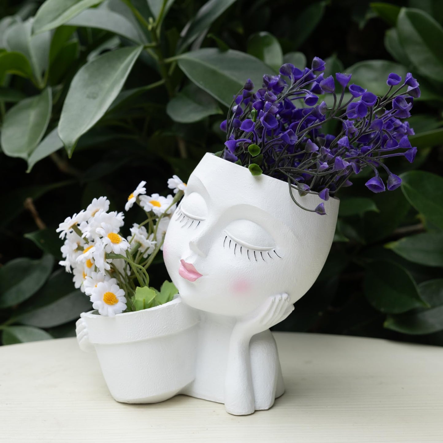 Lady Face Planter Pots Head - Double Cute Planters for Indoor Plants, Flower & Succulent with Drainage Holes, Novelty Head Plant Pot for Home Garden Succulents Cactus White