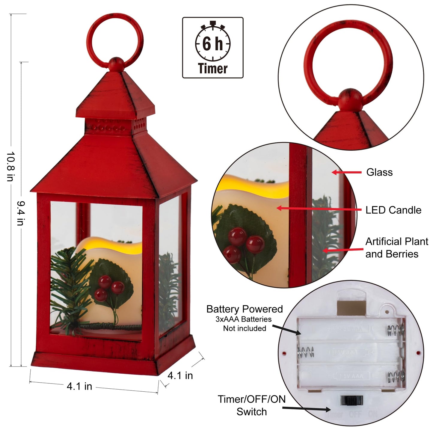 Yongmao Christmas Lantern Decorative with LED Candle, Pine Holly Berry Red Decorative Hanging Lanterns for Indoor Outdoor Garden Christmas Home Decor(2 Pack)