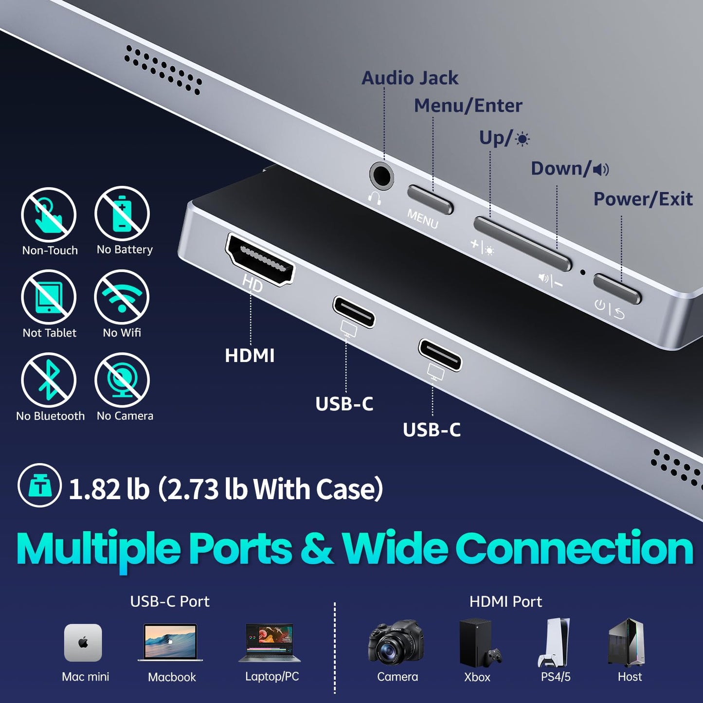 Portable Monitor 15.6" FHD 85% sRGB 60Hz IPS HDR HDMI USB-C Travel Monitor for Laptop MacBook PC Surface PS5 Xbox, External Display with Cover & Speakers, VESA Compatible