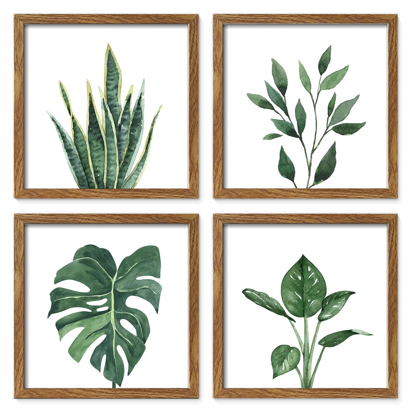 ArtbyHannah Framed Bathroom Wall Art Decor, 10x10 Inch 4 Pack Botanical Gallery Wall Frame Set Modern Farmhouse Sage Green Prints Artwork for Spa, Restroom, Bedroom, Office Decoration (Walnut)