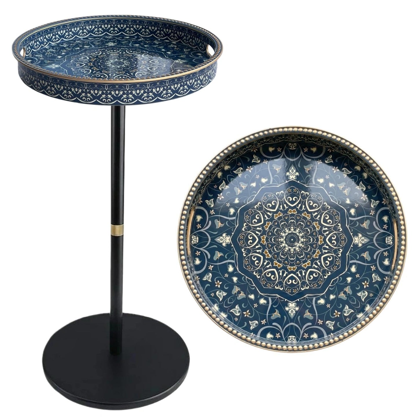 Gesodant Boho Single Leg Round Side Table with Tray Top, Pedestal Drink Table for Small Spaces, Aesthetic Accent Nightstand for Living Room, Bedroom, Corners, and Office (Blue Maze)