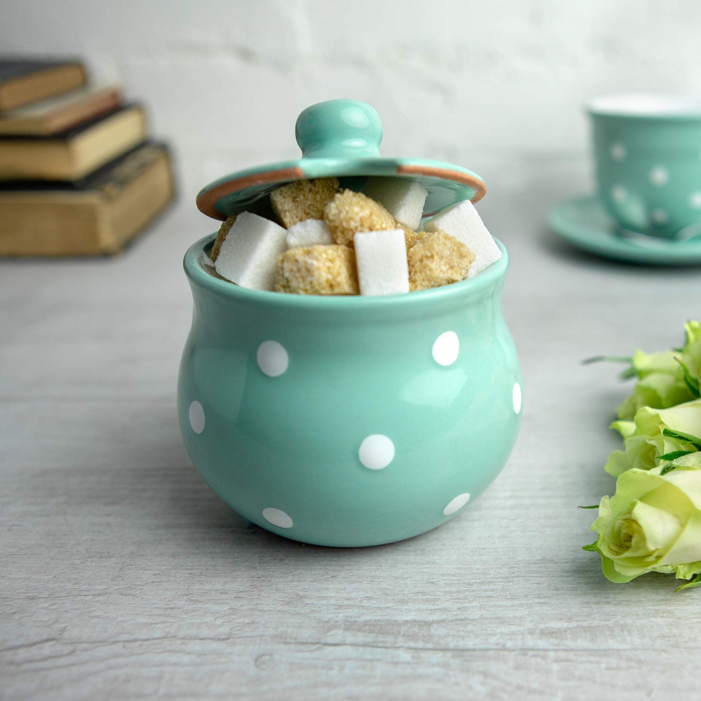 City to Cottage Ceramic Sugar Bowl with Lid, 10oz Sugar Contanier for Coffee Bar, Sugar Dispenser Bowl, Salt - Condiment Pot for Kitchen Counter, Handcrafted turquoise Blue Polka Dot Sugar Jar