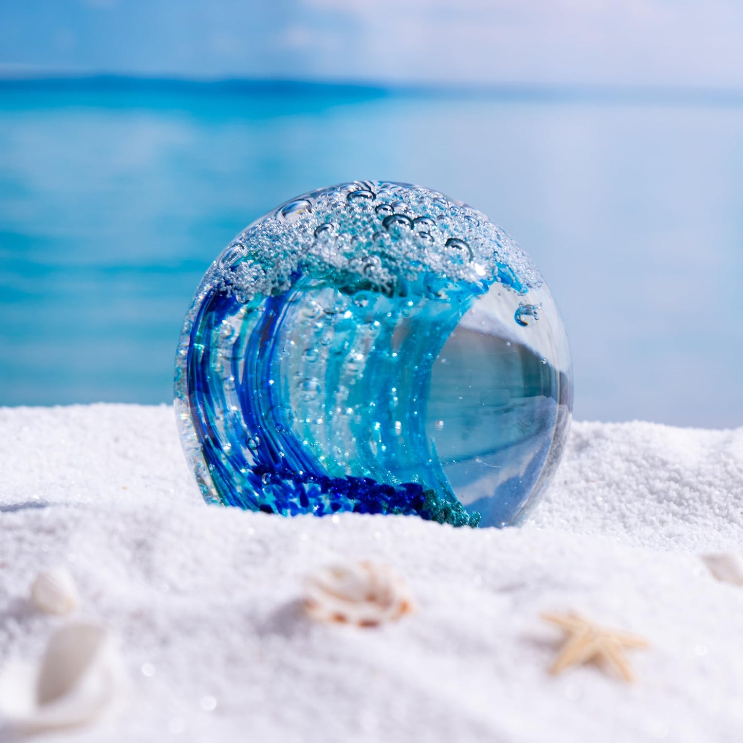 QIANCHANG 3.15" Ocean Wave Art Glass Paperweight, Hand Blown Glass Figurines Collectibles, Ocean Waves Decor Coastal Beach Themed Gifts