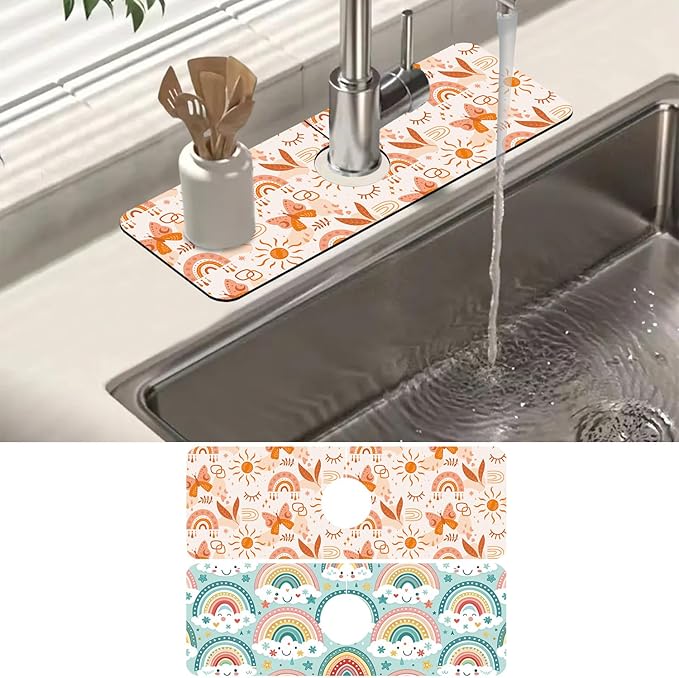 2 Pack Cute Rainbow Sink Splash Guard Faucet Mat Boho Rainbow Butterfly Super