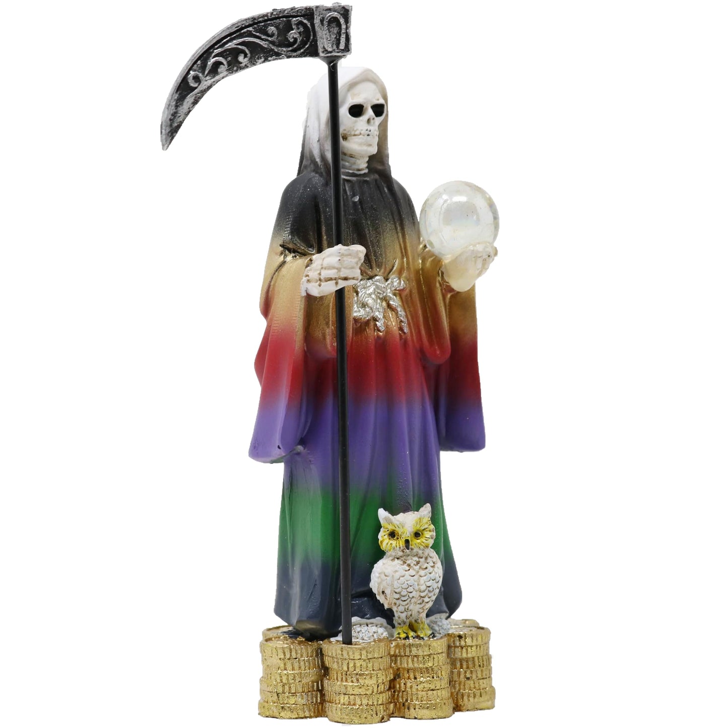 Cannan Coin Base 5" Holy Death Grim Reaper Skull Skeleton Seven Colors Tunic Holding Scythe Globe with Owl Statue Santa Muerte 7 Potencias
