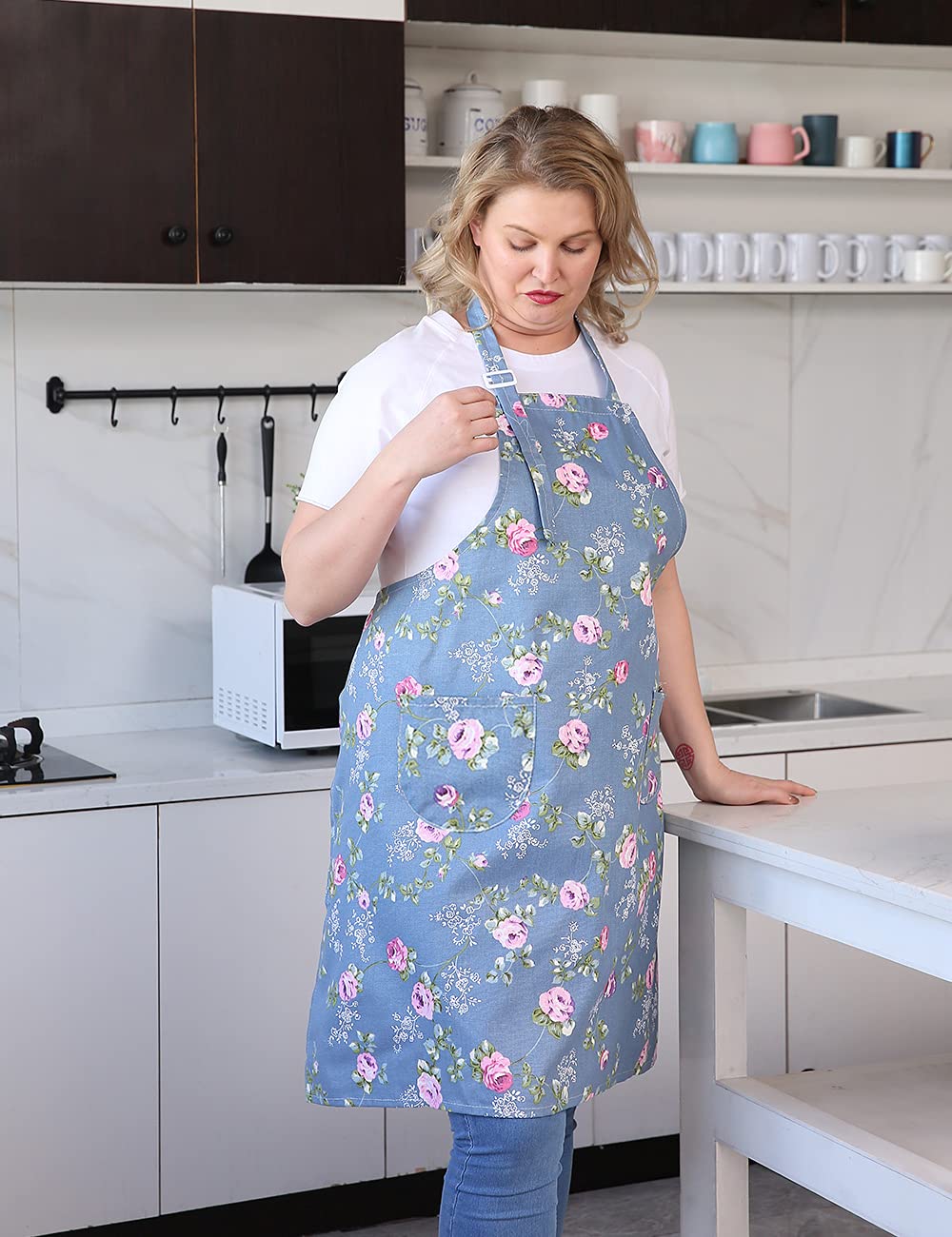 Cotton Linen Baking Plus Size Aprons for Women with Pockets Kitchen Cooking 2X-3X Blue Flowers