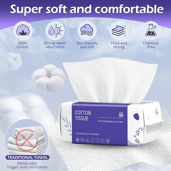 Disposable Face Towel 100 Count, Face Towels, Soft Cotton Dry Wipes Facial