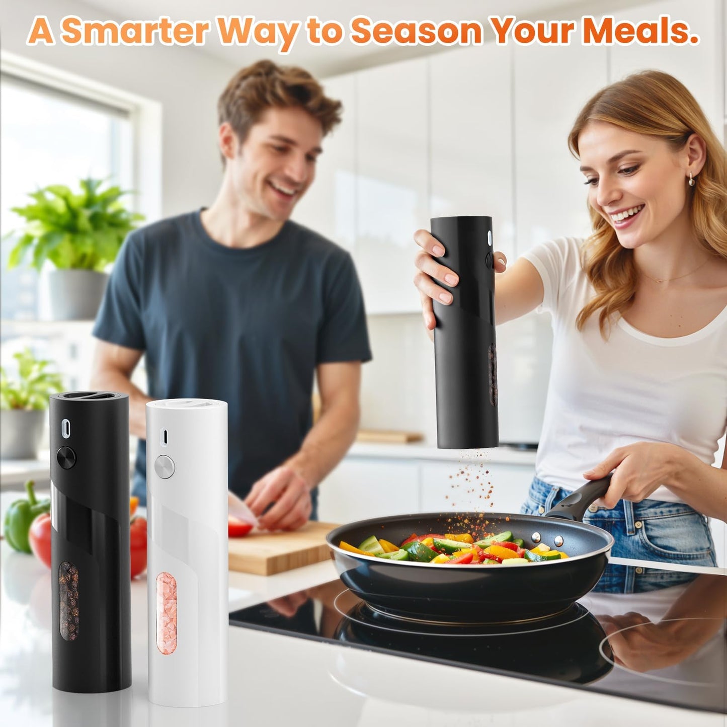 SmartTrends 110ml Electric Salt and Pepper Grinder Set, 2-Pack Auto Salt and Pepper Shakers with Large Capacity, Rechargeable, Adjustable Coarseness for Kitchen, Outdoor Dining (Black & White)