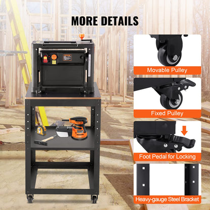 VEVOR Thickness Planer Stand, 100 lbs heavy loads, Three-Gear Height Adjustable Thickness Planer Table,with 4 Stable Casters & Storage Space, for most planers, saws, bench-top machines, power tools