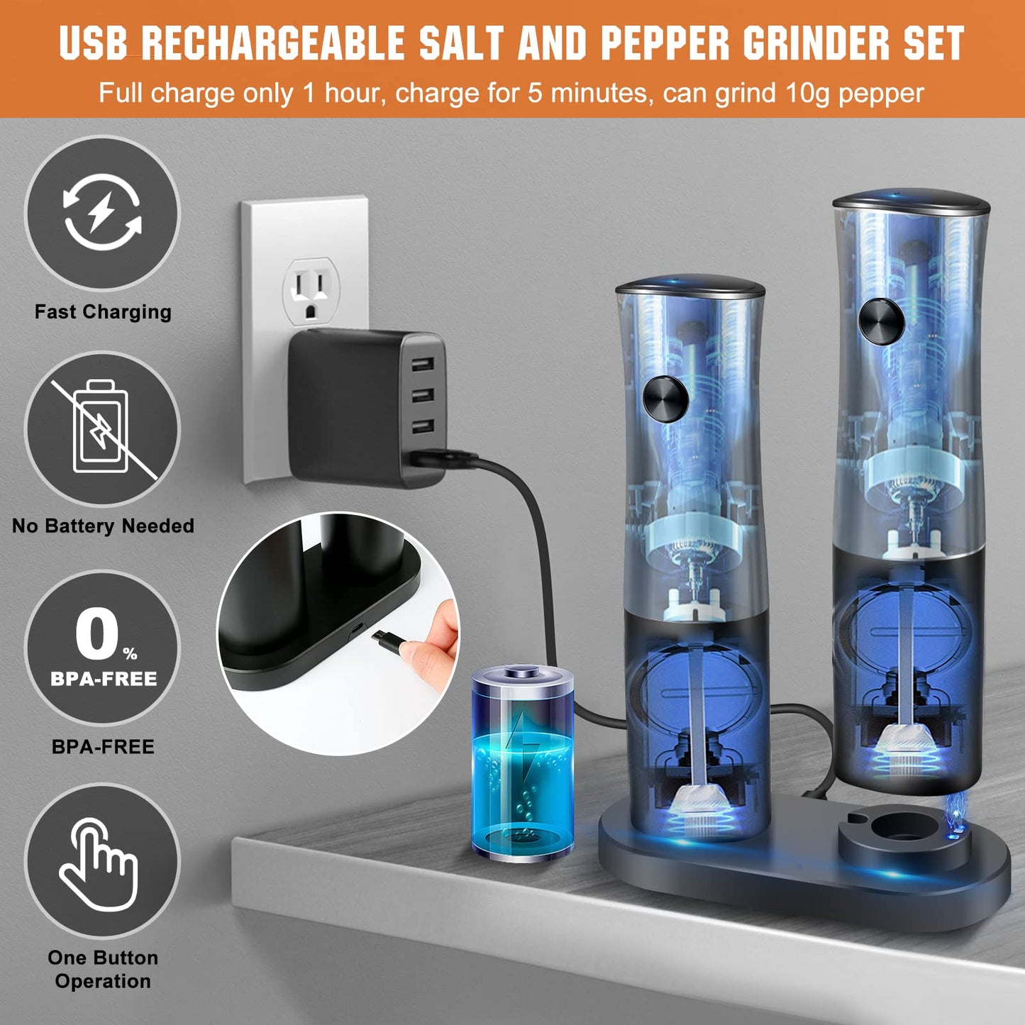 Electric Salt and Pepper Grinder Set with Base, USB Rechargeable Stainless Steel Pepper Mill, One-Handed Automatic Operation, Adjustable Coarseness, Led Light