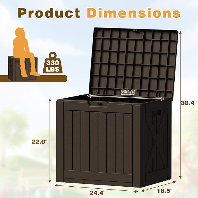 Flamaker Resin Deck Box 40 Gallon Waterproof Outdoor Indoor Storage Box Imitation Wood Resin for Patio Furniture Garden Tools and Pool (Deep Brown)