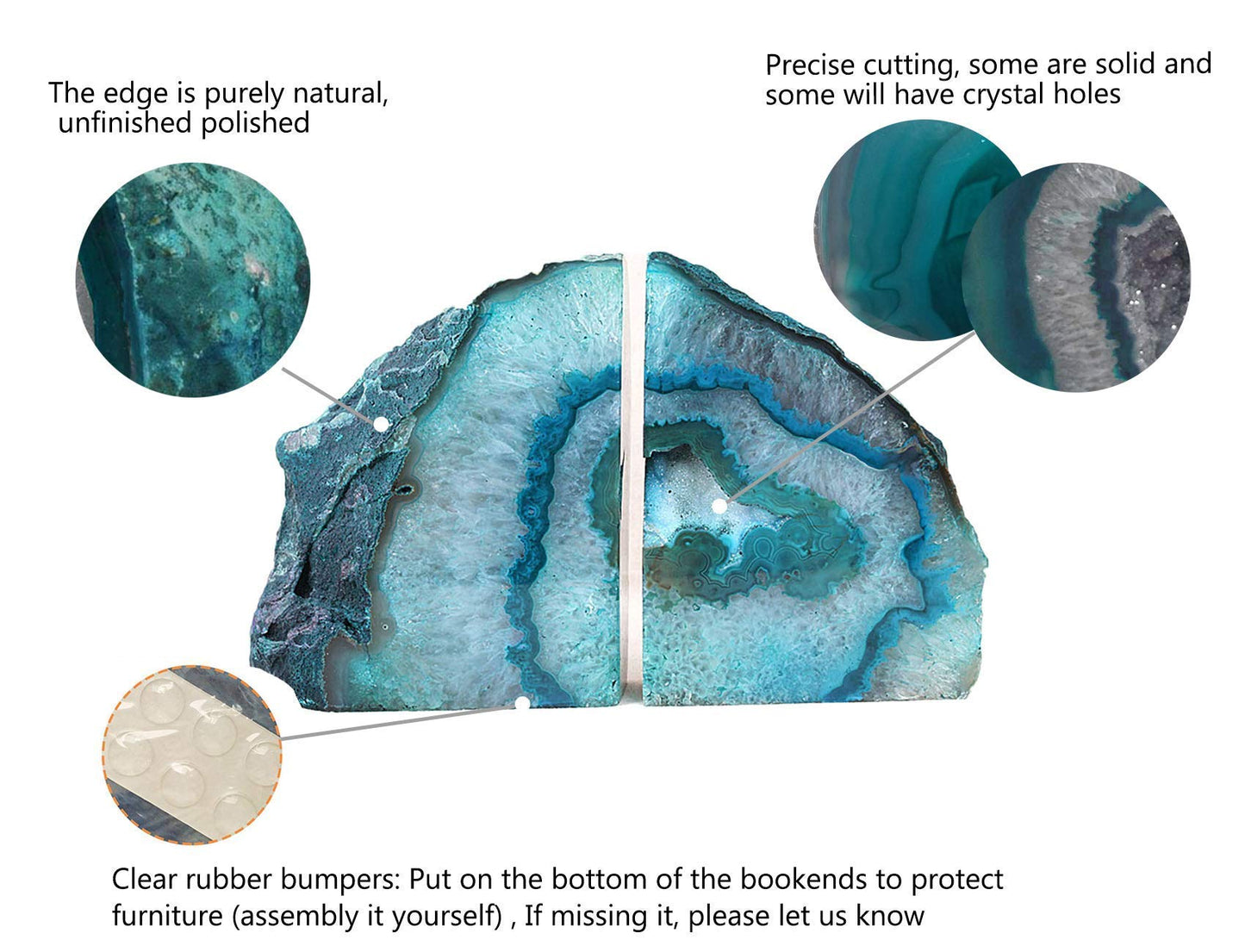 AMOYSTONE Teal Agate Bookends 2-3 lbs & Rose Quartz Book Ends 3-4 lbs for Home Office