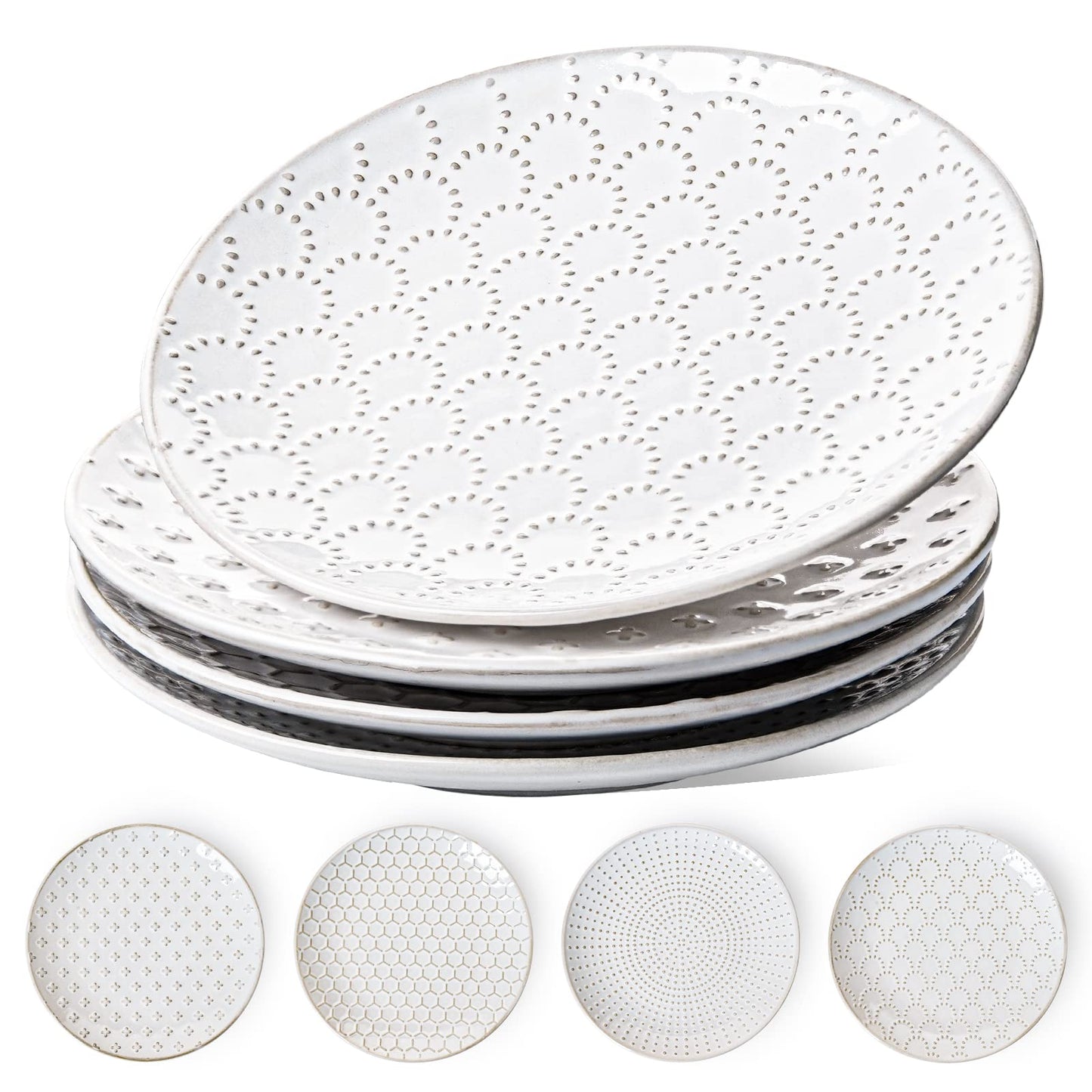 LE TAUCI Ceramic Salad Plates Set of 4, 8 Inch Embossed Appetizer Plates for Kitchen, Small Dessert Plates, Microwave & Dishwasher Safe Dinnerware Sets - Arctic White