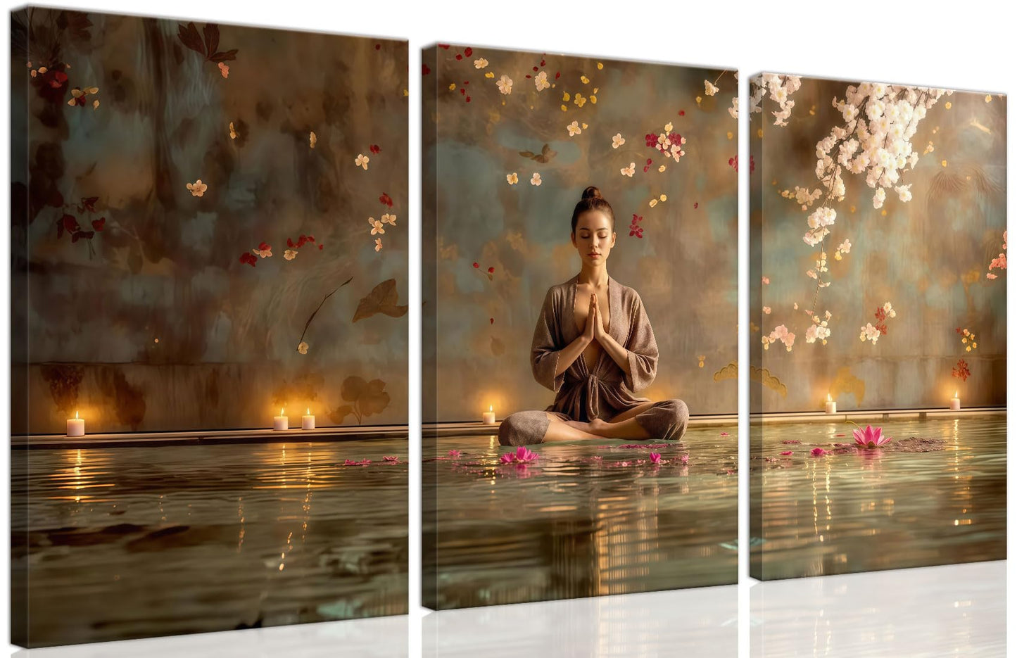 Framed Abstract Yoga and Meditation Wall Art 3 Piece Set - Living Room Yoga Studio Spa Meditation Buddha and Floating Lotus Wall Decoration with Candles and Cherry Blossoms, Serene Woman Unstressing, For Home, Office, Bedroom, Multi-coloured Contemporary