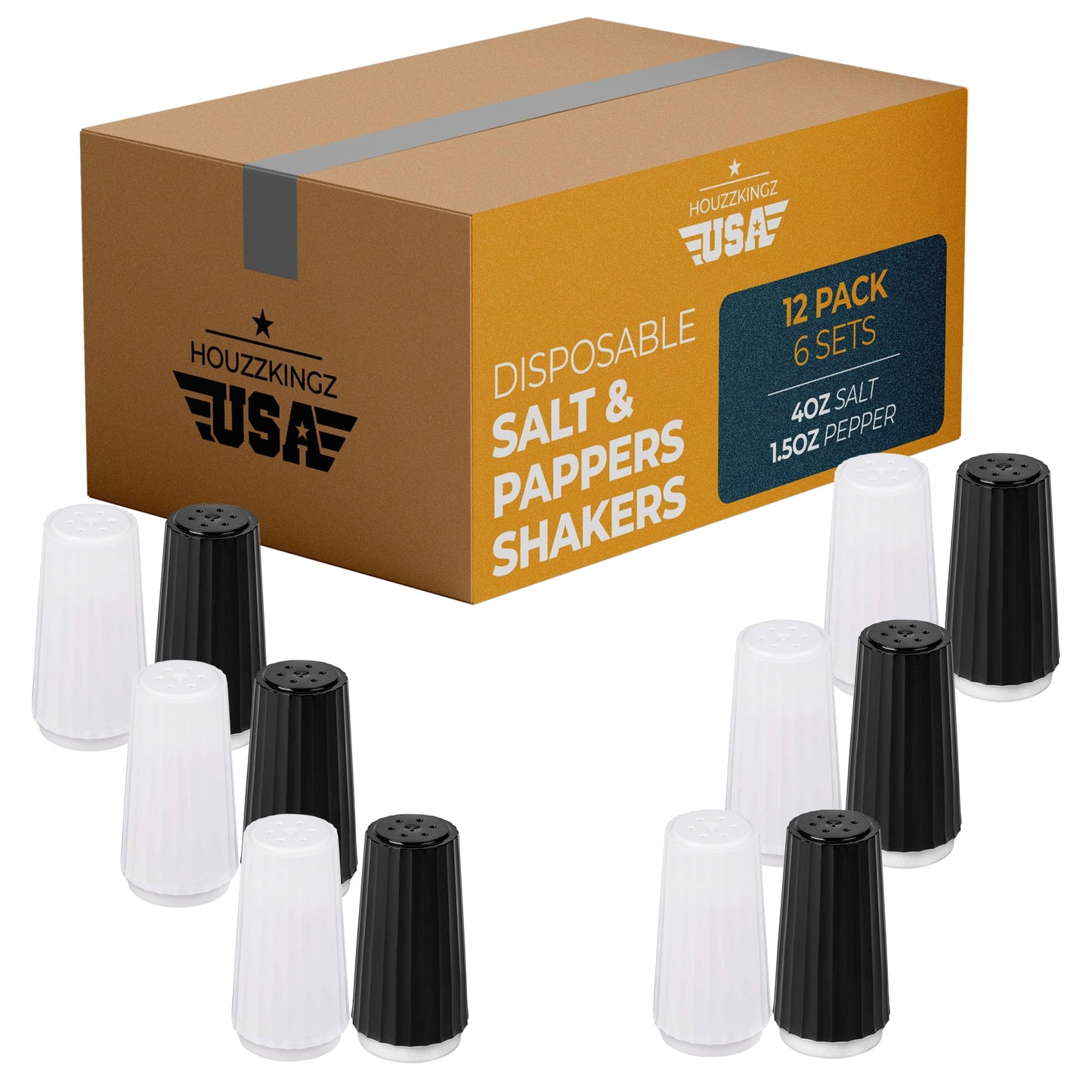Disposable Plastic Salt and Pepper Shakers Set Bulk [12 Pack] – 6 Prefilled 4 Oz. Iodized Table Salt + 6 Prefilled 1.5 Oz. Pepper Sets for Travel Camping Outdoor - Small Mini Holes for Even Dispensing