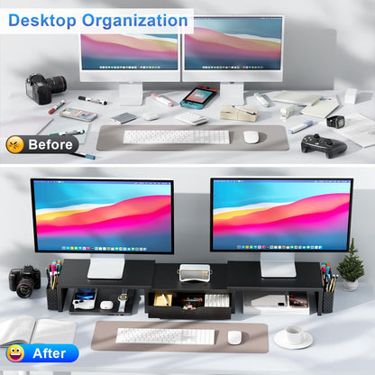 gianotter Dual Monitor Stand Riser, Desk Organizer With Drawer and 2 Pen Holders, Computer Monitor Stand, Desk Shelf for Top of Desk, Balck