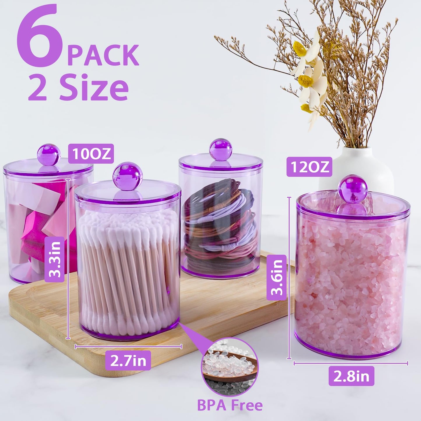 XIPENGKEJI 6 Pack Qtip Holder,Canister Apothecary Jar Set, Bathroom Jars with Lids Set for Cotton Swabs, Balls, Pads, Floss Picks,10oz-12oz Plastic Canisters Restroom Bedroom Vanity Organizer(Purple)