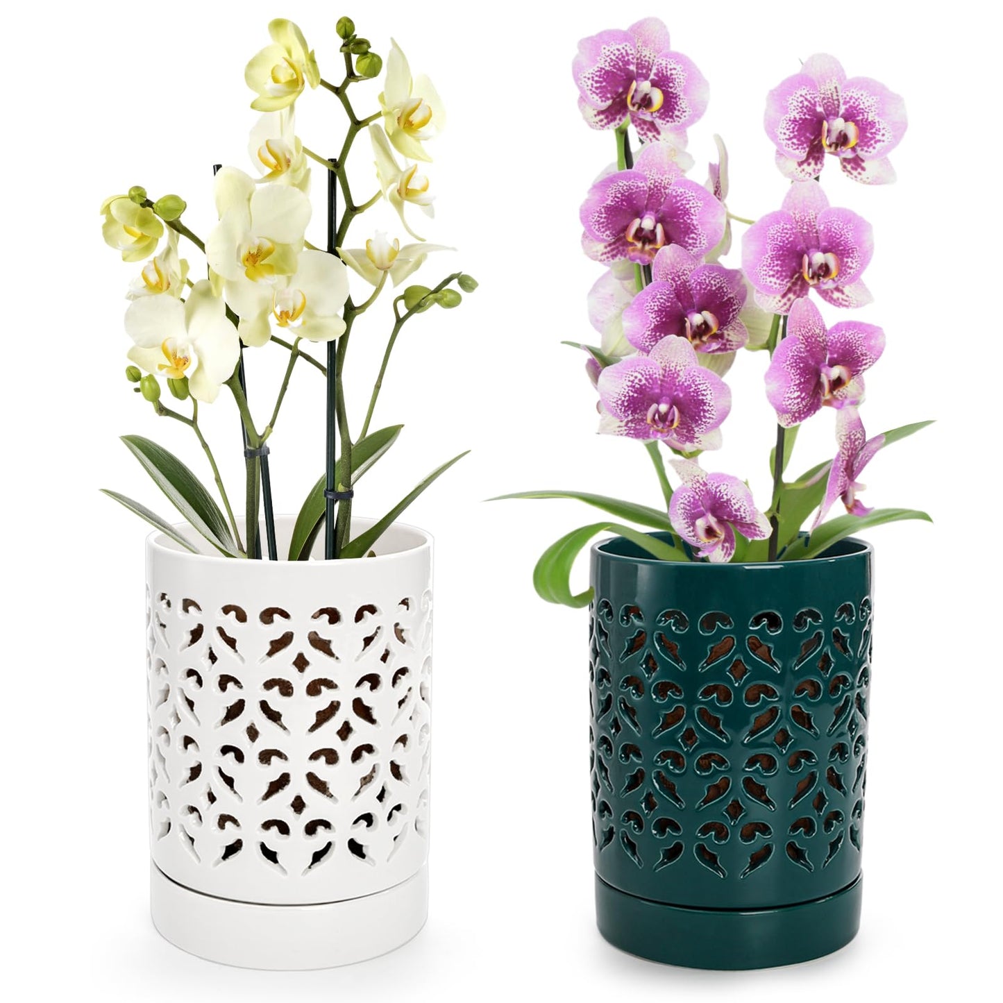 Jucoan 2 Pack Orchid Pots with Holes and Saucer, 4 Inch Ceramic Slotted Orchid Planter Pots for Repotting Indoor Outdoor Plant, Elegant Beige White and Green