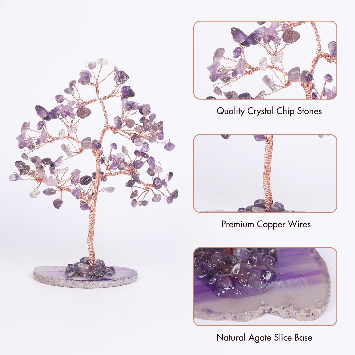 Pretty Jolly 7 Chakra Healing Stones Purple Crystals Tree of Life Positive Energy Gemstone Money Tree Spiritual Meditation Reiki Gifts with Agate Slice Base for Home,Office,Desk Feng Shui Décor