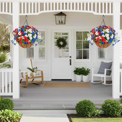 Hananona 2 Set Artificial Outdoor Flowers with Hanging Basket, 2 Hanging Planters with 24 Pcs Patriotic Flowers for Summer Front Porch Patio 4th of July Decor (Red, White, Blue)