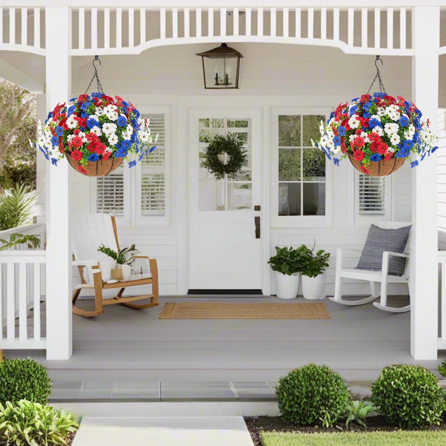 Hananona 2 Set Artificial Outdoor Flowers with Hanging Basket, 2 Hanging Planters with 24 Pcs Patriotic Flowers for Summer Front Porch Patio 4th of July Decor (Red, White, Blue)