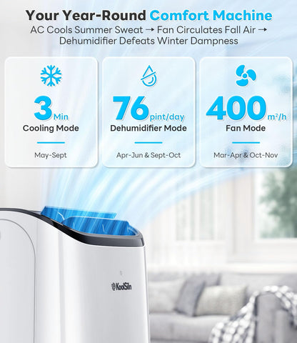 12,000 BTU Portable Air Conditioner Cools Up to 550 Sq.Ft, Auto-Evaporation Low Noise Portable AC Unit with Remote Control Fits for Large Room, Office, Garage,Cold White