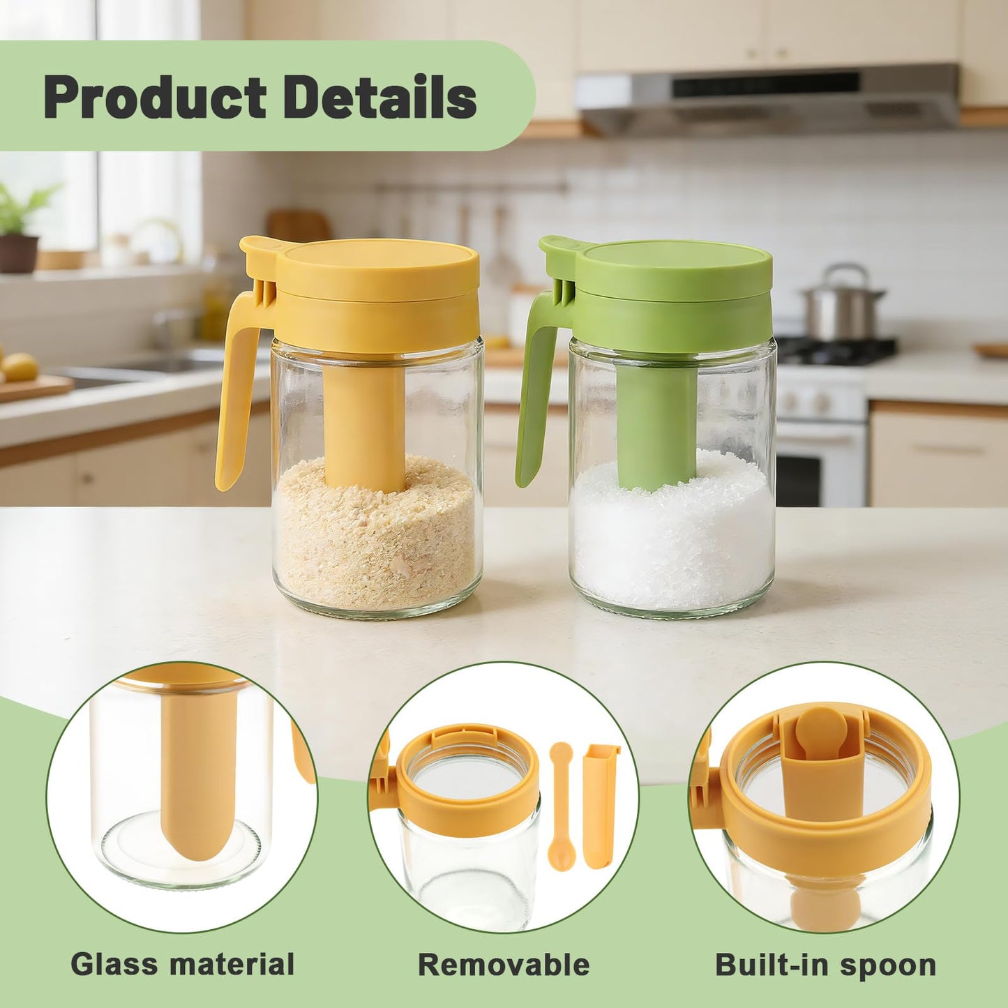 Betinyar 2 Pack Premium Glass Salt Jars with Spoon Airtight Seasoning Jars and Canisters Sets for the Kitchen, Multifunctional Spice Set for Spice,Sugar, Coffee Storage