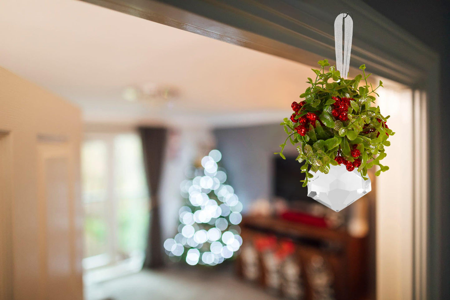 Ornativity Hanging Crystal Mistletoe Ornament - Christmas Decor Doorway Kissing Crystal Gem Stone Mistle Toe Jewel with Berries Ball Xmas Tree Decoration 5"