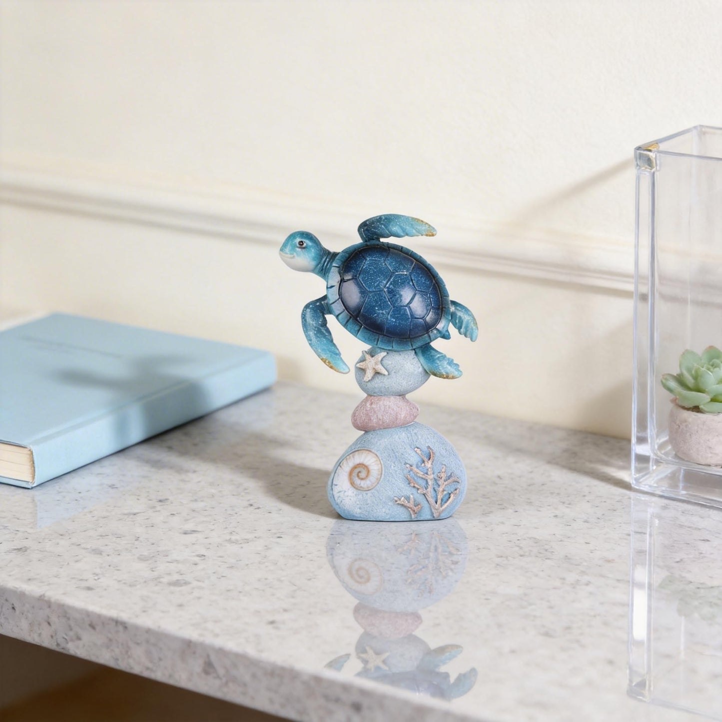 DOVDOV Blue Sea Turtle Statue, Ocean-Themed Coastal Home Decor; Perfect for Bookshelves, Coffee Tables, desks, Living Rooms, Beach Houses, and Nautical-Themed Gifts. (Blue)
