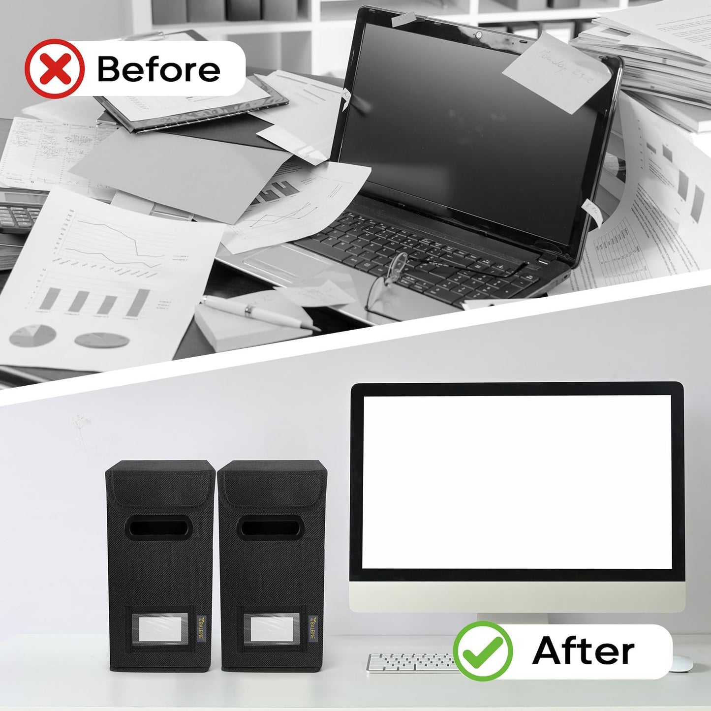 BALEINE File Organizer Box with Lid, Collapsible File Folder Organizer with Plastic Slide, Hanging File Folder Box for Office Document Storage (1 Pack, Black, S)