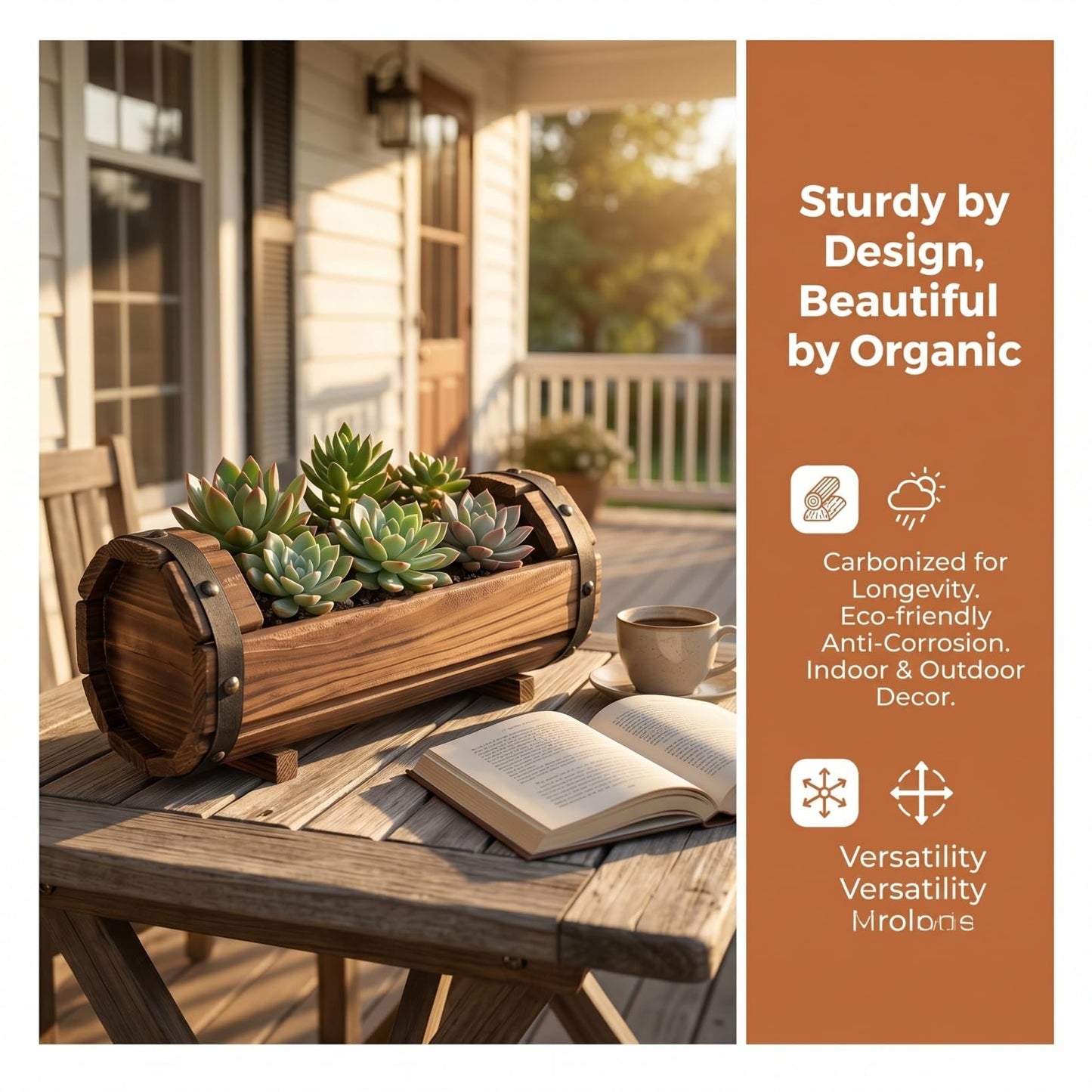 DOITOOL Half Barrel Planters Outdoor, 2 Pack Rustic Solid Wood Flower Pots for Plants, Carbonized Wooden Whiskey Wine Barrel Planter Set for Garden Patio Porch Windowsill Decoration (Brown)