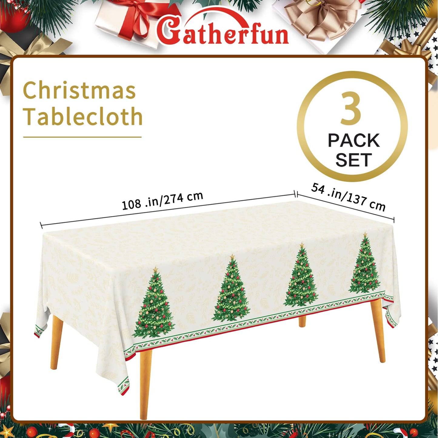 Gatherfun Christmas Table Decorations, Christmas Tree Disposable Tablecloth Waterproof Plastic Rectangular Table Cover for Merry Christmas Party Supplies, 3 PCS, 54 X 108 inch