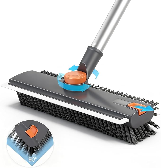 Floor Scrub V Brush with Long Handle 4 in 1 Silicone Scrape and Stiff Bristle